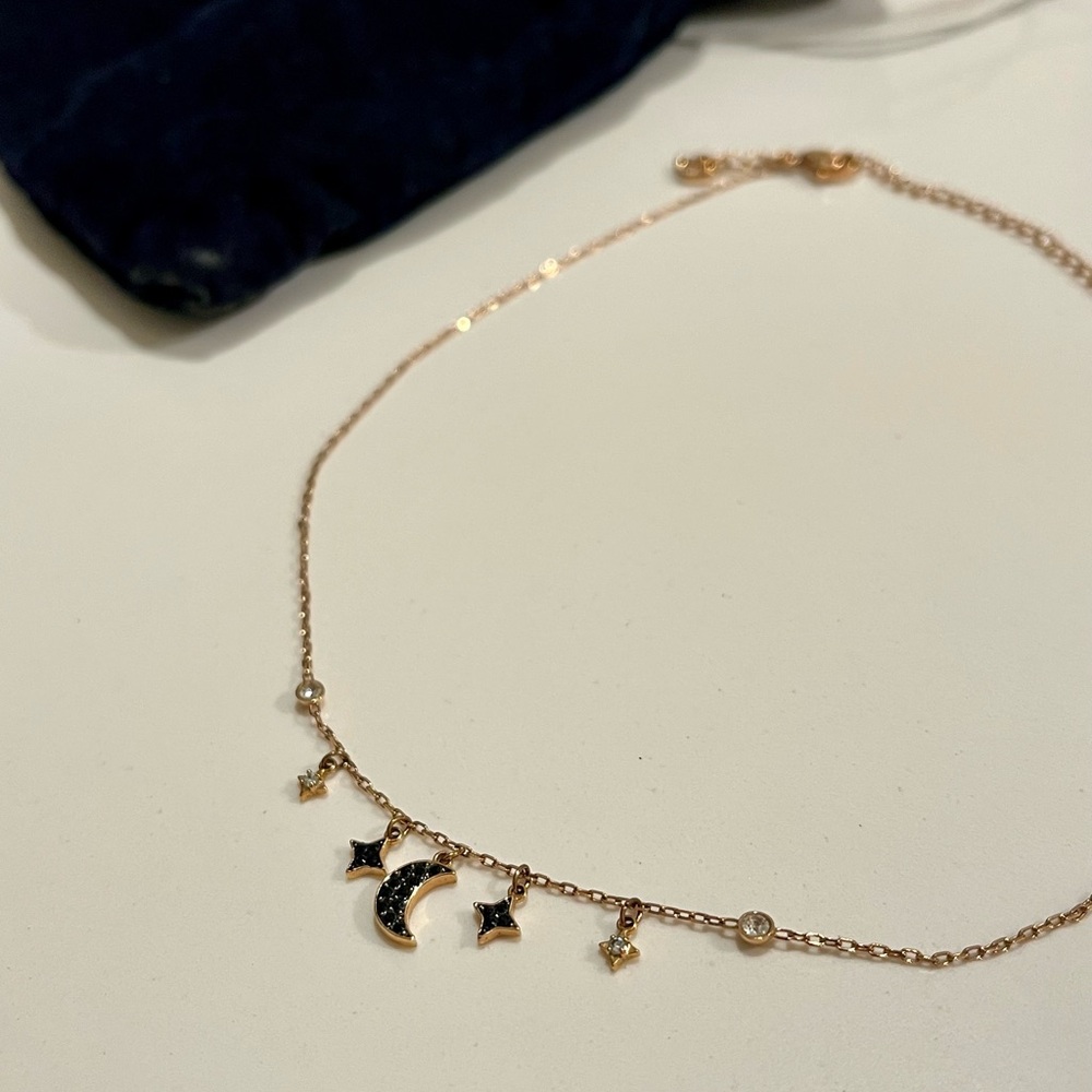Swarovski Rose Gold Moon & Star Pendant Choker with Black and Clear Crystals
